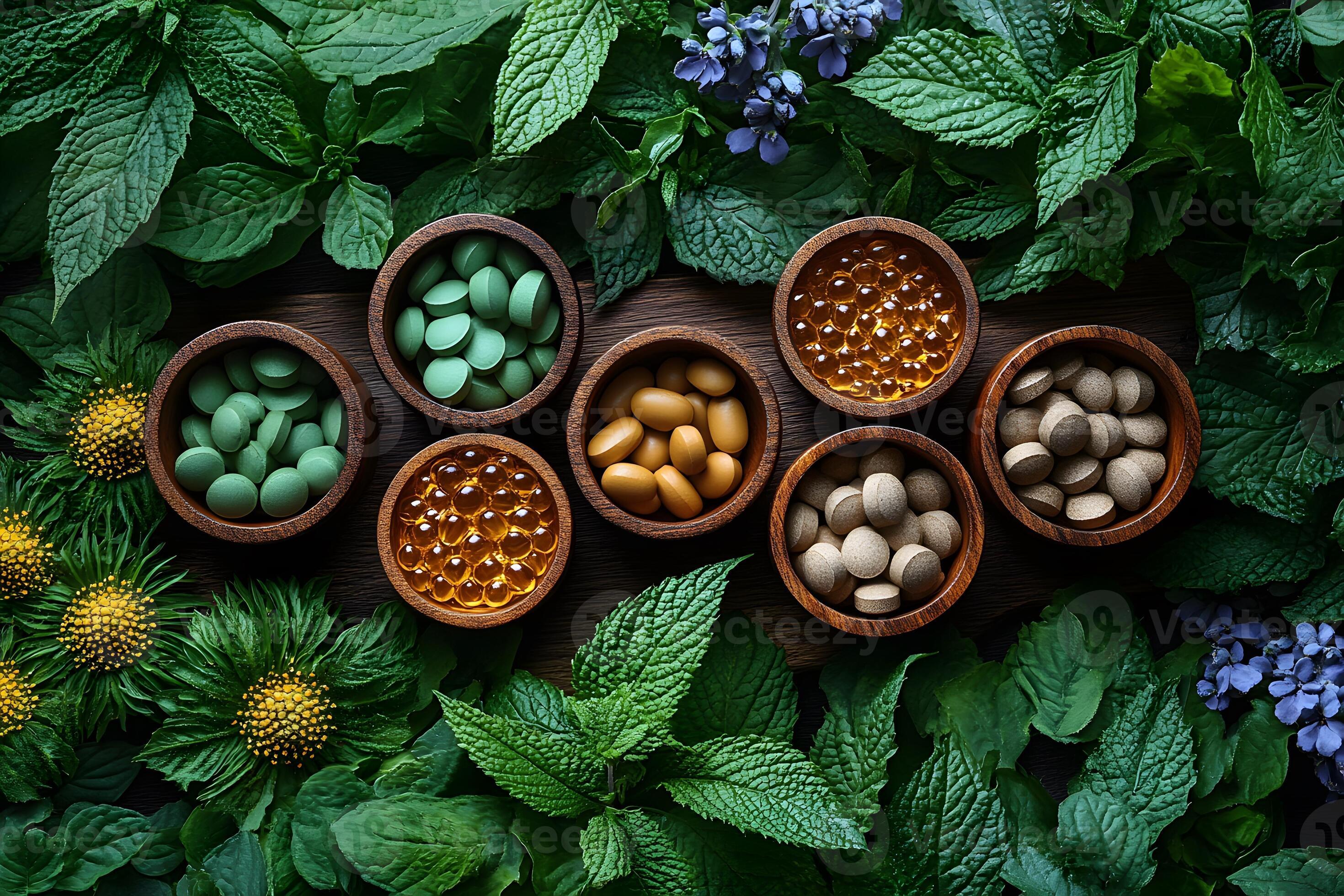 Natural herbs and supplements on green leaf background